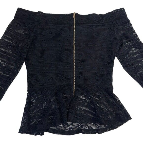 Bebe Women SZ S. Black Lace Peplum Top Blouse Off The Shoulder Gold Zipper Back - Picture 8 of 10
